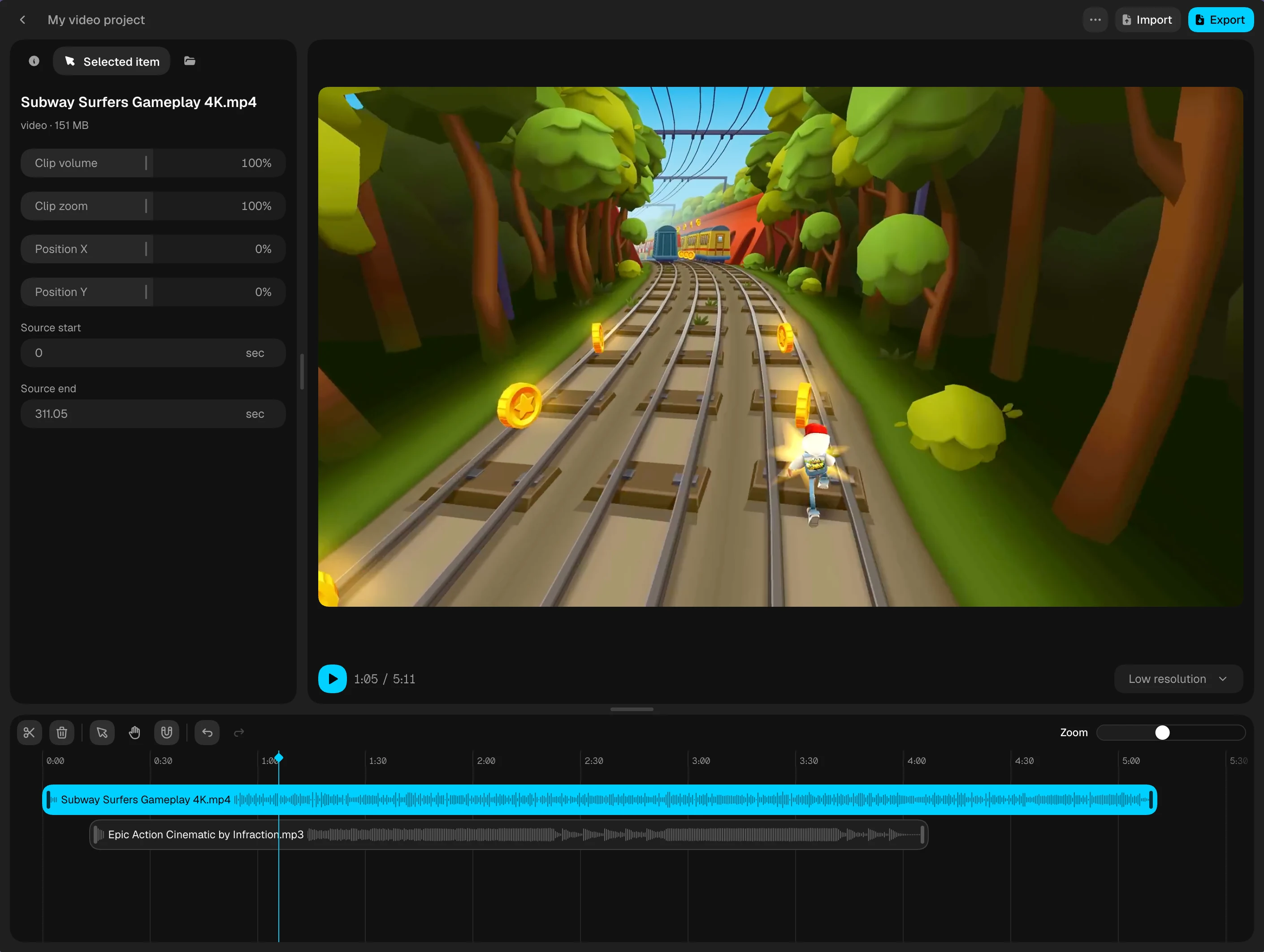 Local Video Editor timeline and preview in dark mode